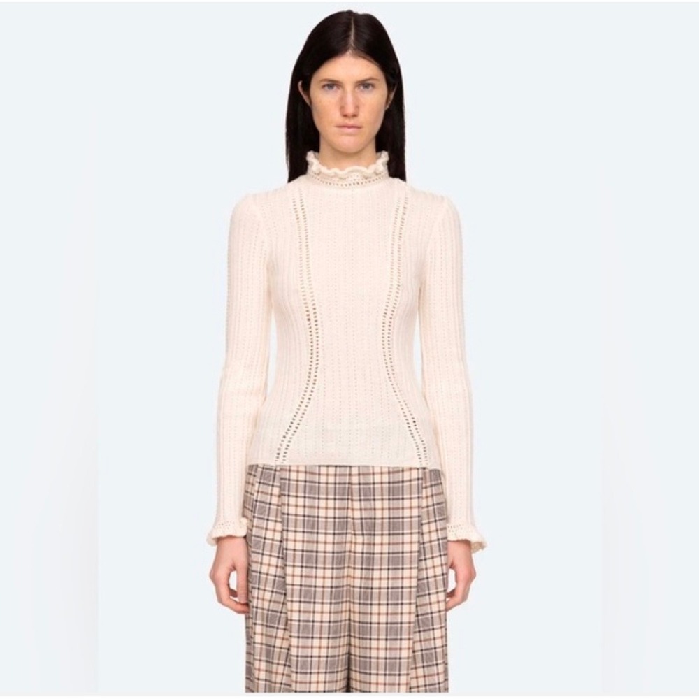 Sea New York Riva Cream Extra Fine Merino Wool Pointelle Ruffle Neck Sweater M